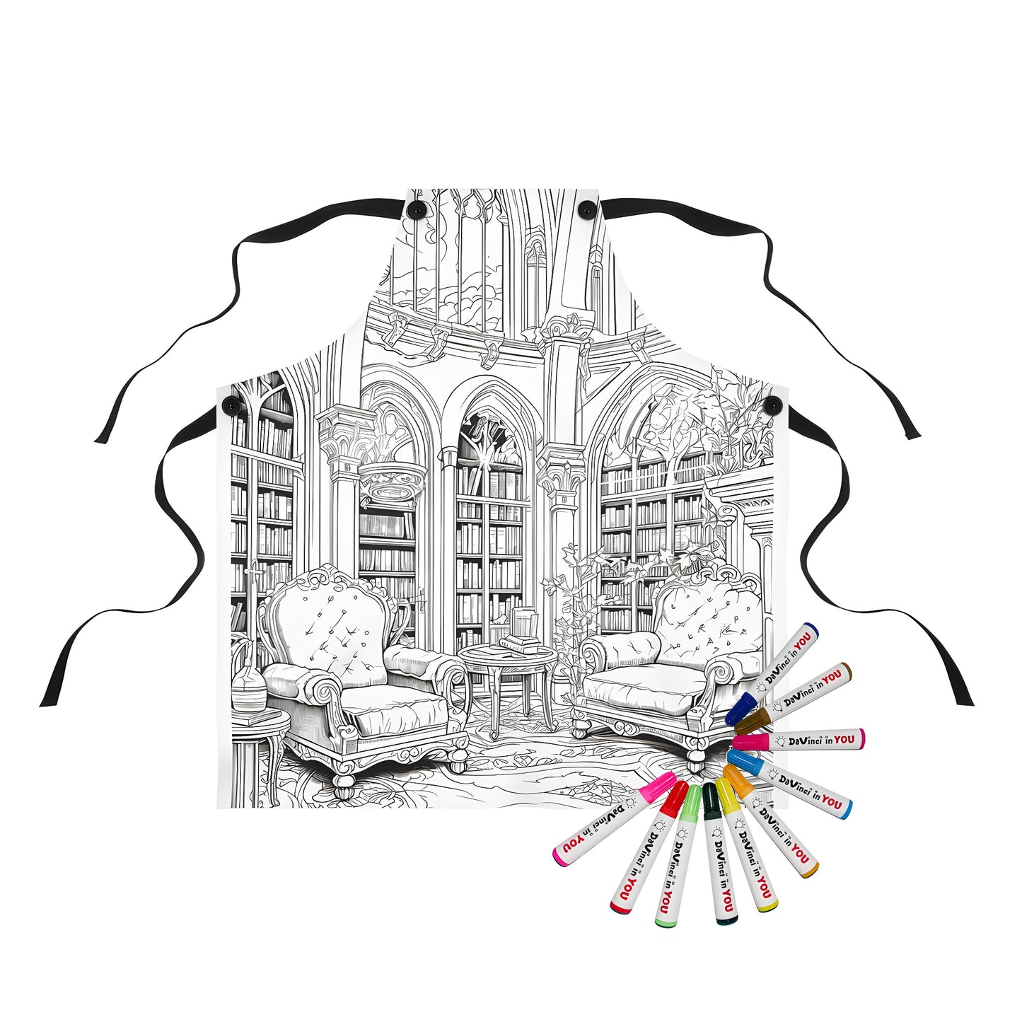 Coloring apron with library design, featuring gothic architecture, armchairs, and bookshelves