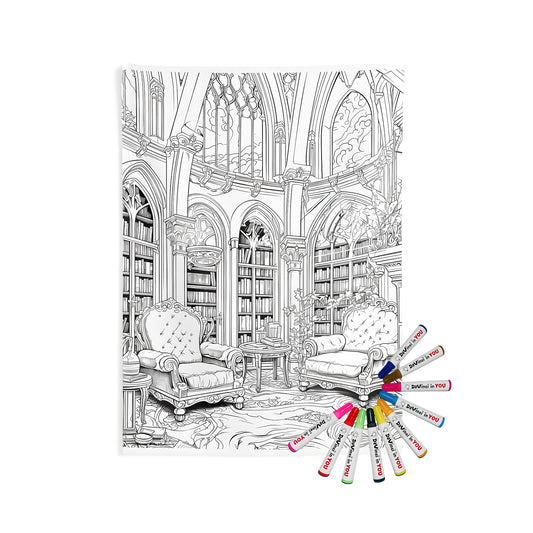 Indoor wall tapestries library themed with gothic architecture featuring large windows armchairs and bookshelves fabric coloring kit