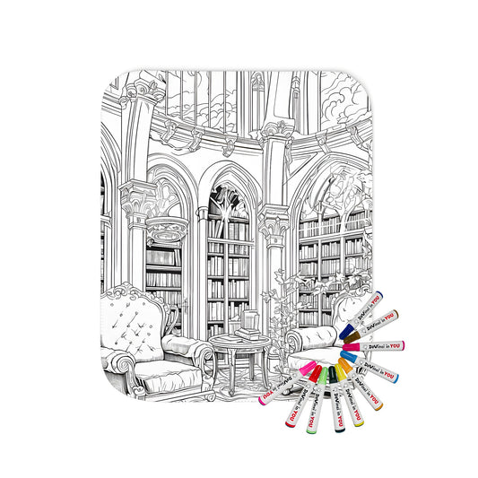 Cozy library-themed blanket for reading and relaxation, featuring intricate details of gothic architecture and comfortable armchairs