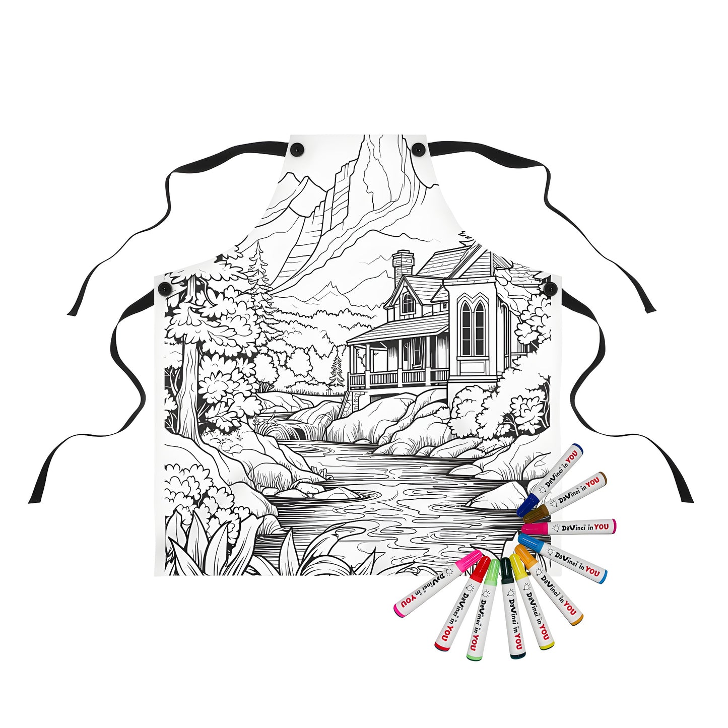 Apron with a beautiful black and white illustration of a rustic cabin scene, surrounded by trees and mountains