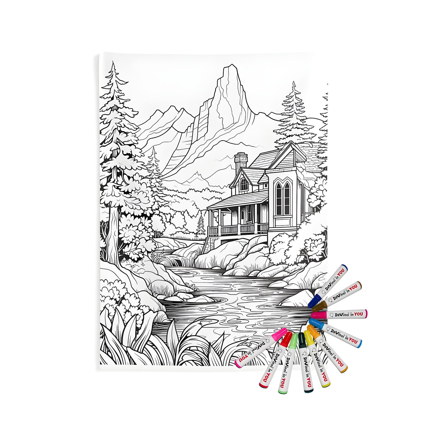 A detailed illustration of an indoor wall tapestry featuring a cozy cabin scene by a river, surrounded by trees and mountains in the background. Perfect for any nature lover's home decor.