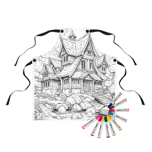 Coloring apron featuring detailed black and white illustration of whimsical cottage scene with stream, rocks, and surrounding trees.