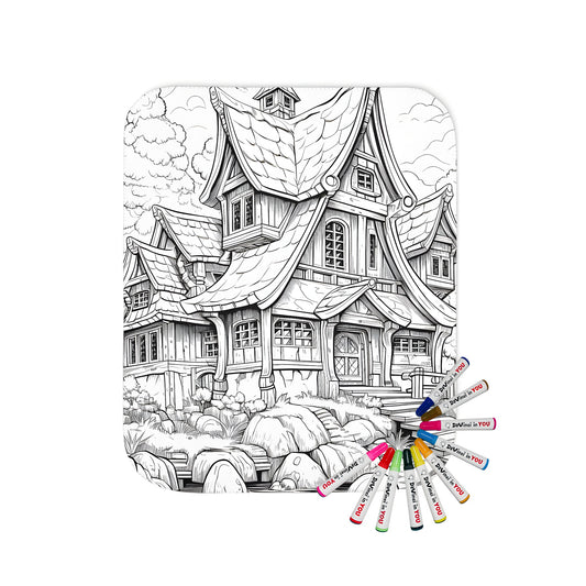 Whimsical fantasy village blanket with colorful illustration of cottage, garden, and forest