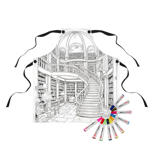 Coloring apron with intricate black and white illustration of a historic bookshelf, staircase, and books