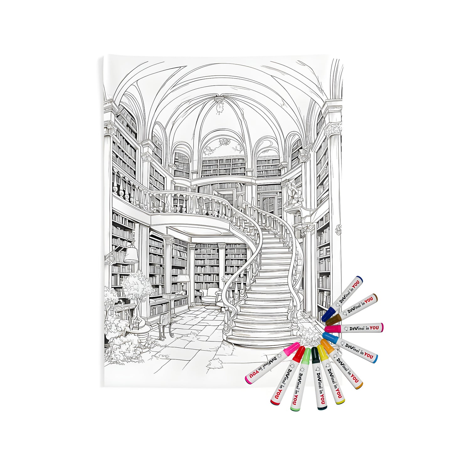 Intricate black and white illustration of a grand historic book study, reading room or literature house interior with curved staircase and shelves filled with vintage books