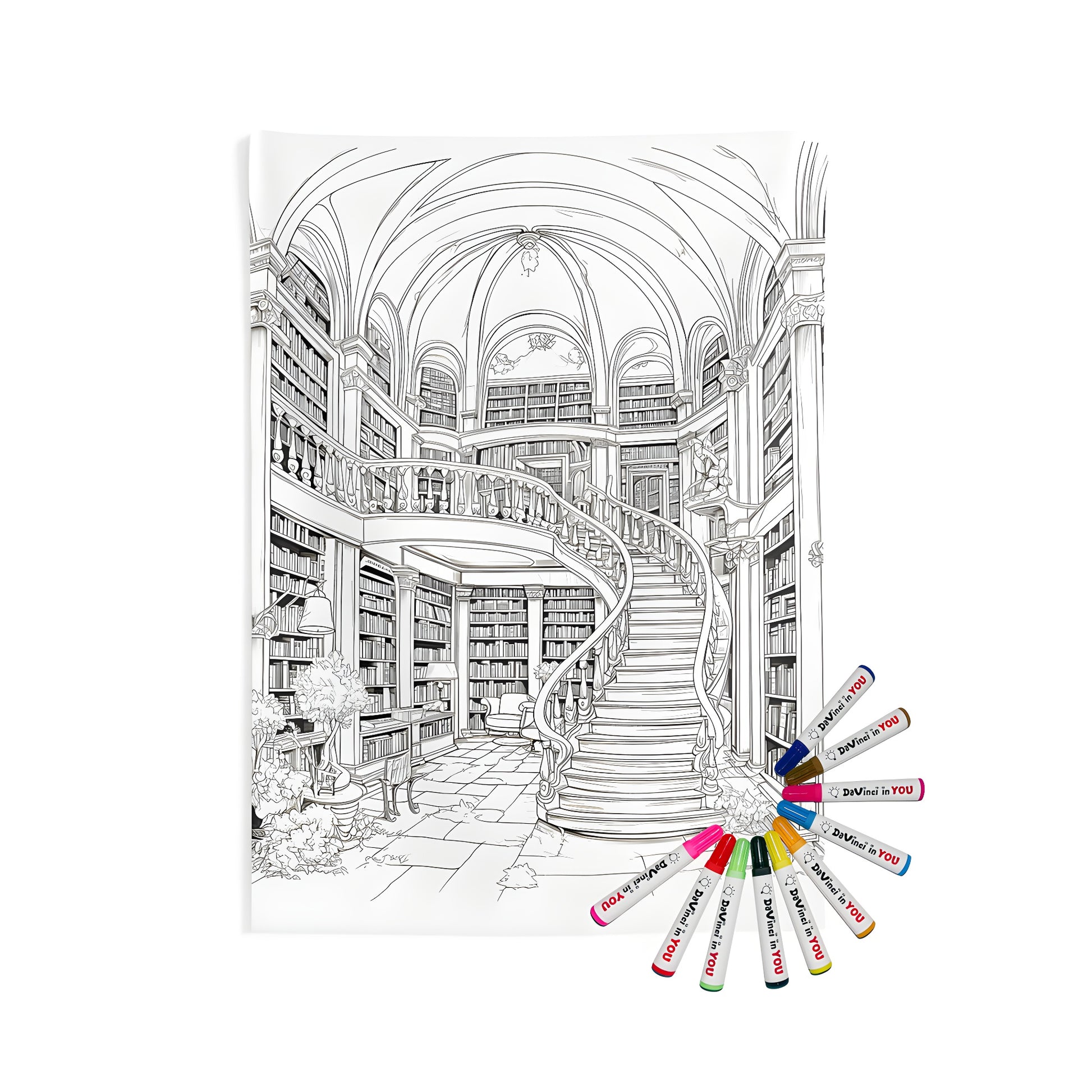 Intricate black and white illustration of a grand historic book study, reading room or literature house interior with curved staircase and shelves filled with vintage books