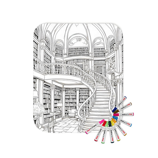 Blanket coloring kit with intricate black and white illustration of a historic library scene