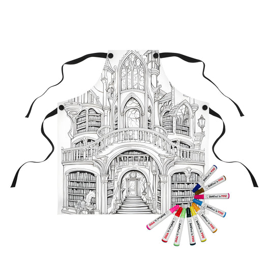 Apron with Detailed Black and White Fantasy Castle Design, Gothic Architecture, Bookshelves, Grand Staircase