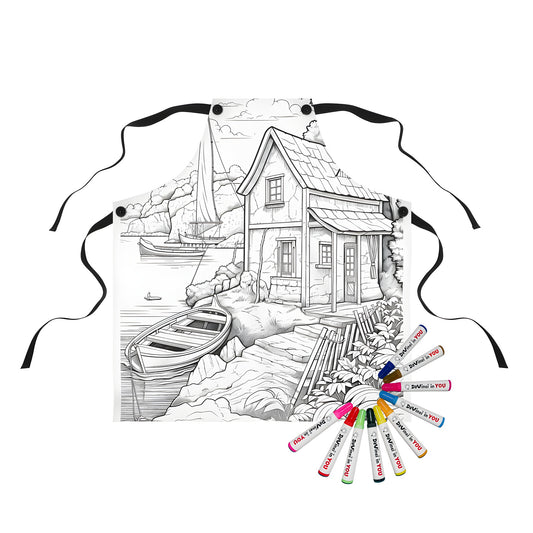 Colorful lakeside cottage apron with boats, trees, and plants