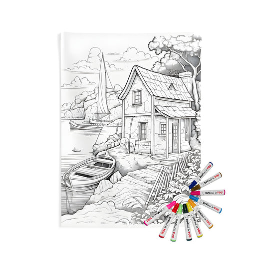 Cottage wall tapestry art decor with lakeside scenery