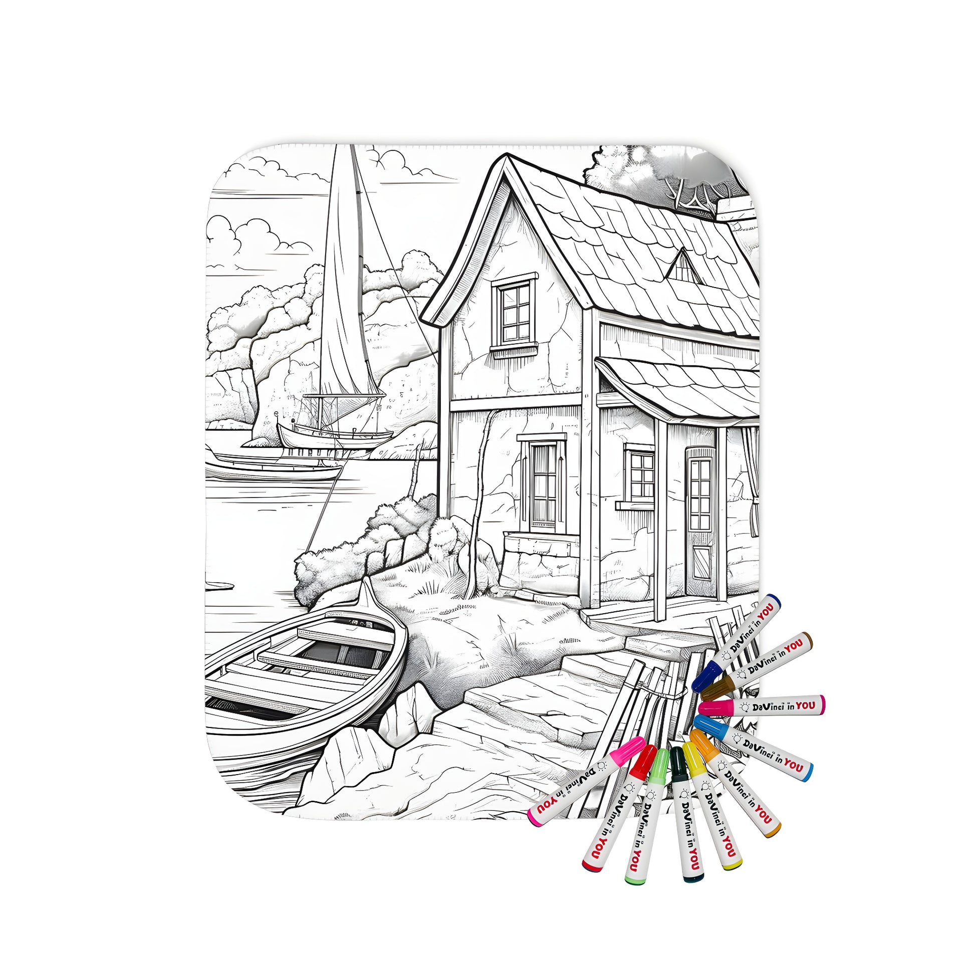 Lakeside cottage scene blanket coloring kit fabric marker design