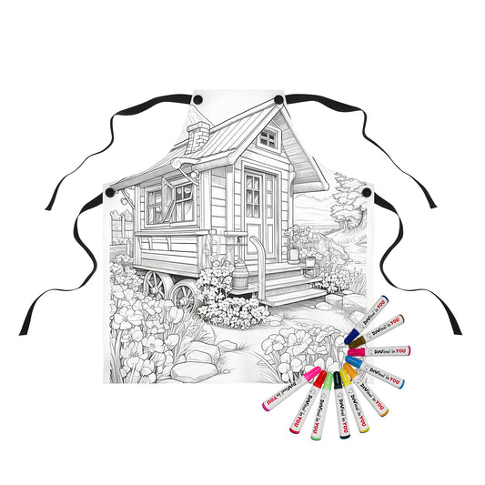 Cozy woodland garden apron with colorful markers and wooden cottage scene