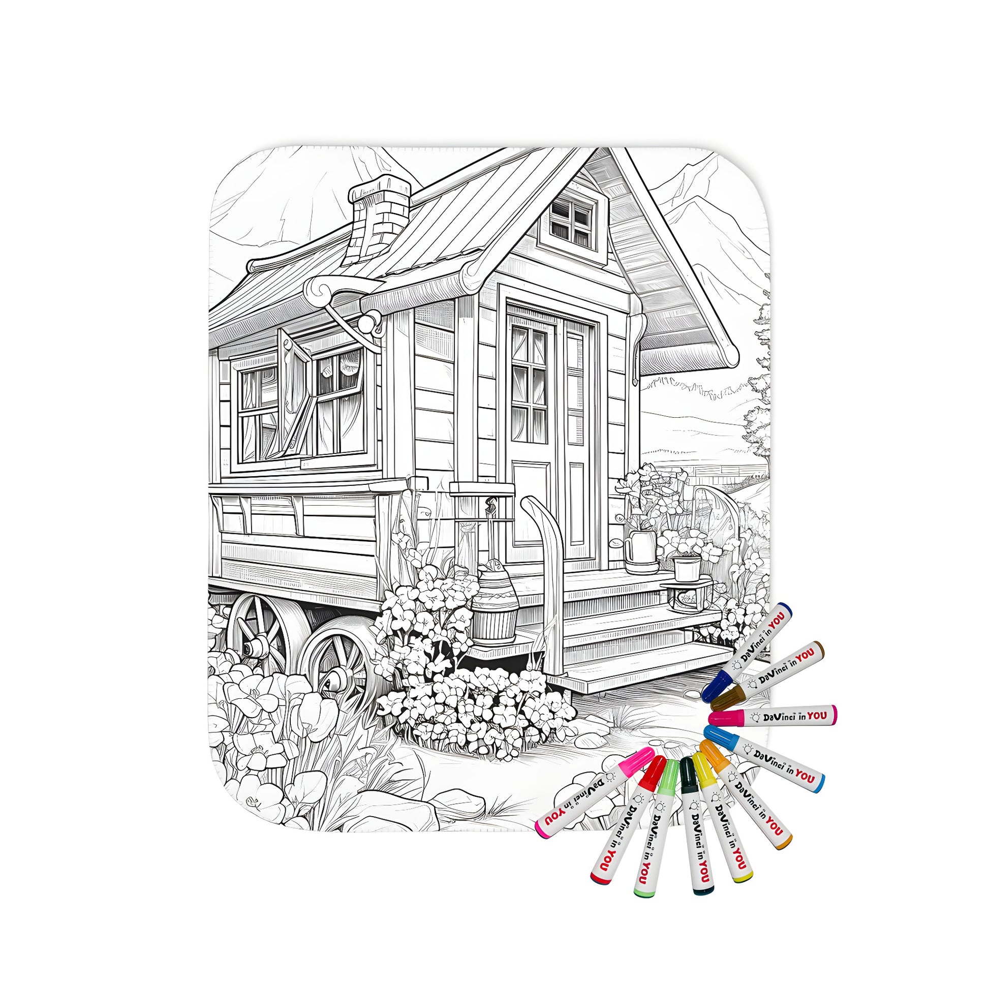 Cozy cottage scene blanket, wooden hut in nature setting, garden landscape with mountains