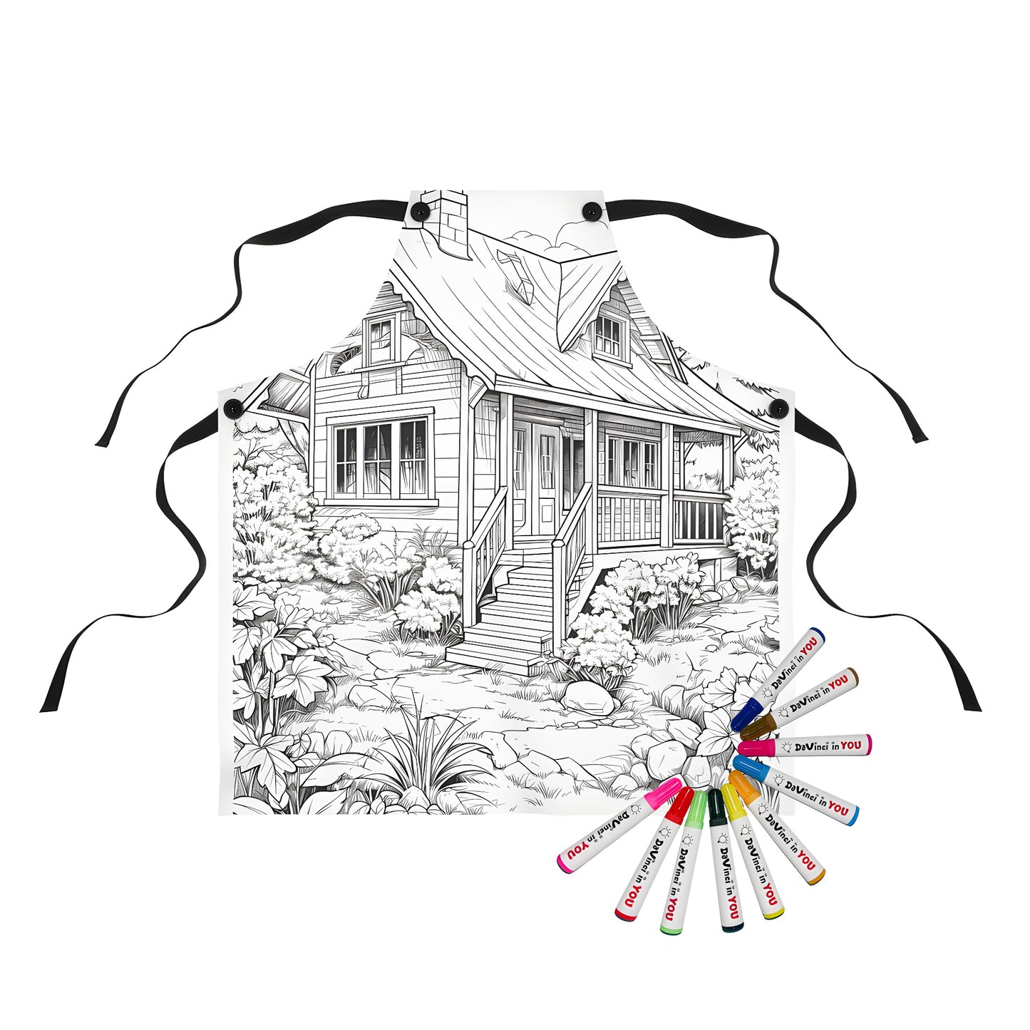 Coloring apron featuring a detailed illustration of a cozy cottage scene, surrounded by lush greenery and garden elements, perfect for adult coloring enthusiasts