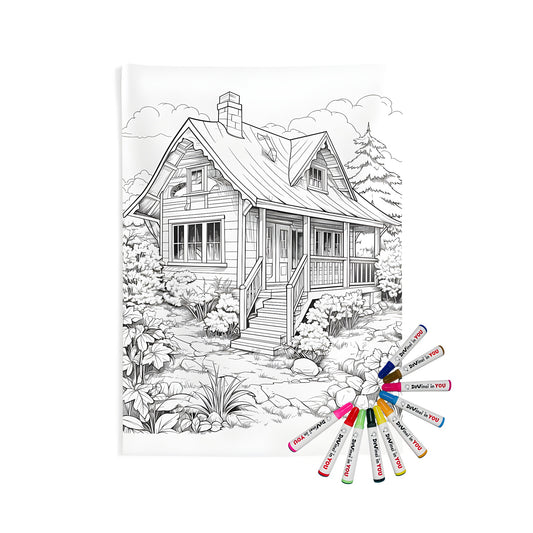 Cozy cottage wall tapestry for indoor decor, featuring a detailed black and white drawing of a nature-inspired scene, surrounded by lush plants and garden elements, with a charming porch. Perfect for bohemian or farmhouse-style homes, this unique textile art piece is designed to bring a touch of rustic charm to any room.