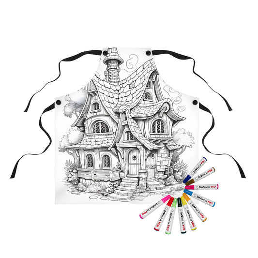 Coloring apron featuring whimsical Black and white illustration of castle cottage, fantasy village scene, storybook home, or mythical house with nature surroundings and intricate details