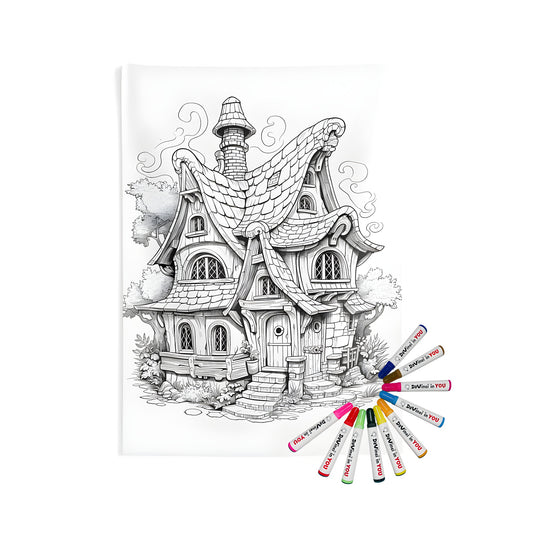 Whimsical cottage wall tapestry illustration for coloring