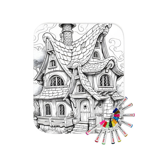 Blanket featuring a whimsical fairy tale cottage illustration with intricate details and curved roof, surrounded by nature