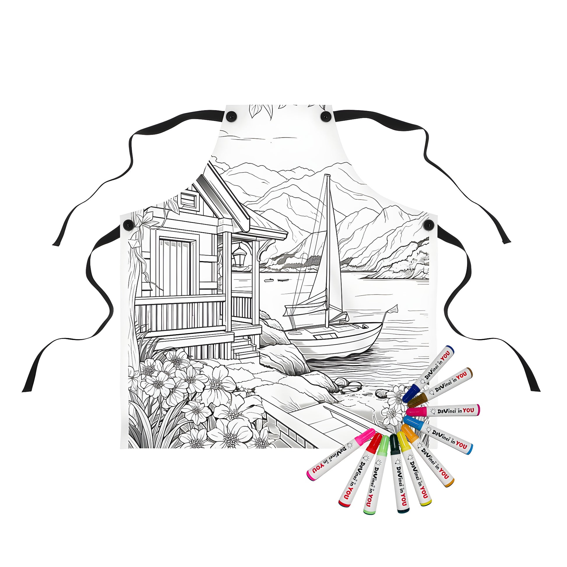 Lake house design apron with sailboat, flowers, and mountains - coloring kit accessory