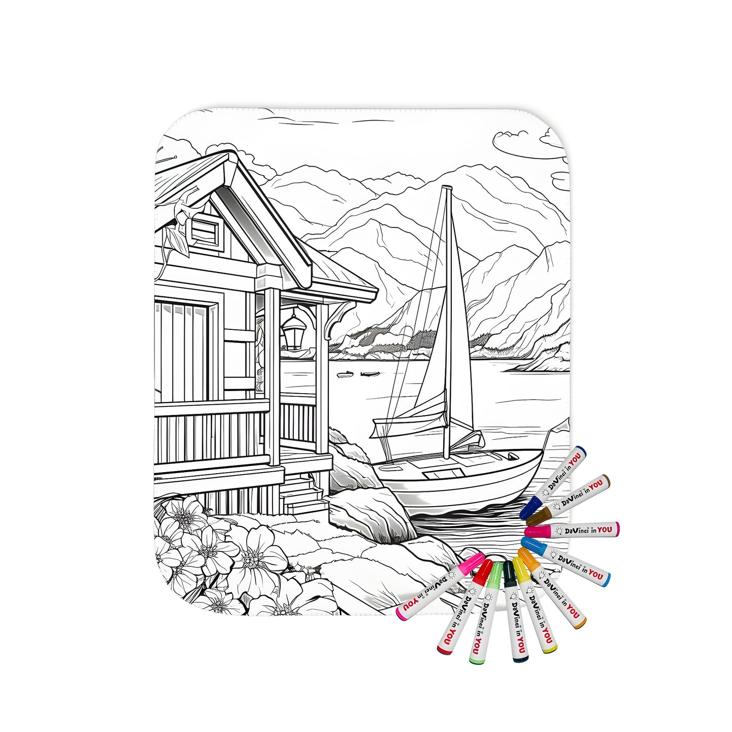 Cozy blanket with lake house scene, sailboat, flowers, and mountains