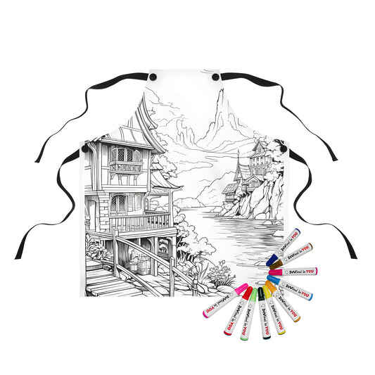 Intricate black-and-white drawing of riverside homes, wooden pathways, and mountains background on apron