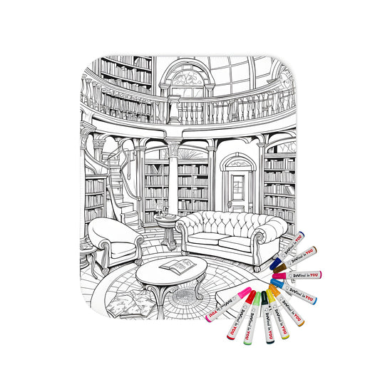 Cozy blanket with vintage library room design featuring a detailed black and white drawing of tall bookshelves, mezzanine, and elegant furniture