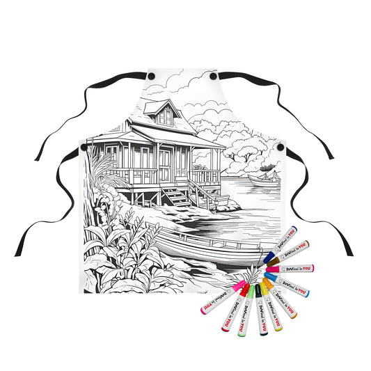 Colorful apron featuring a whimsical lakeside cottage scene with a boat on the shore, surrounded by nature's beauty