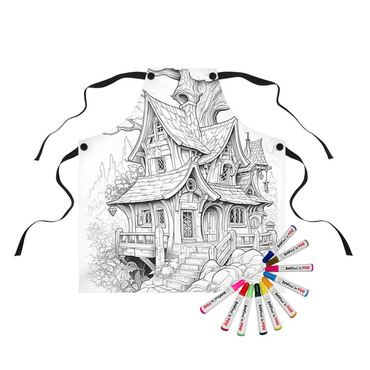 Colorful apron featuring a whimsical treehouse design with intricate details