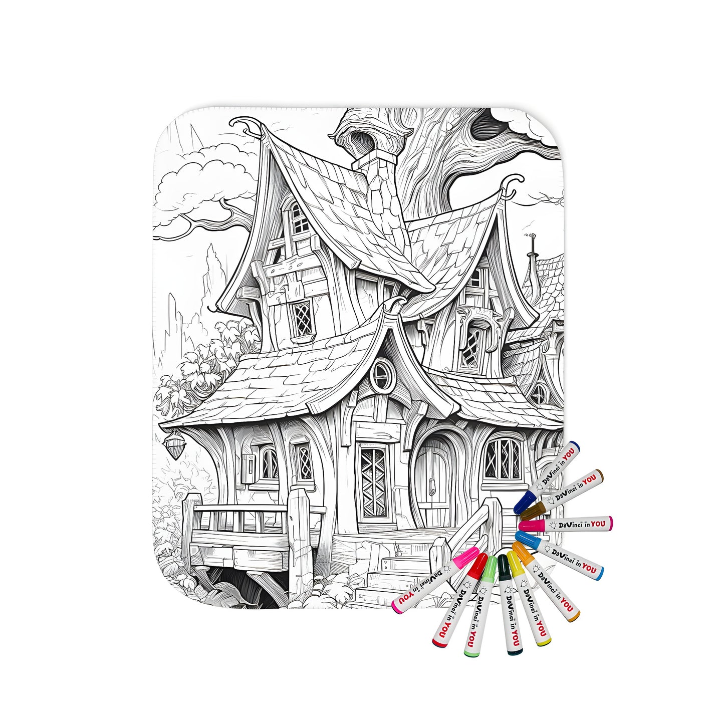 Whimsical blanket featuring a colorful treehouse illustration with intricate details