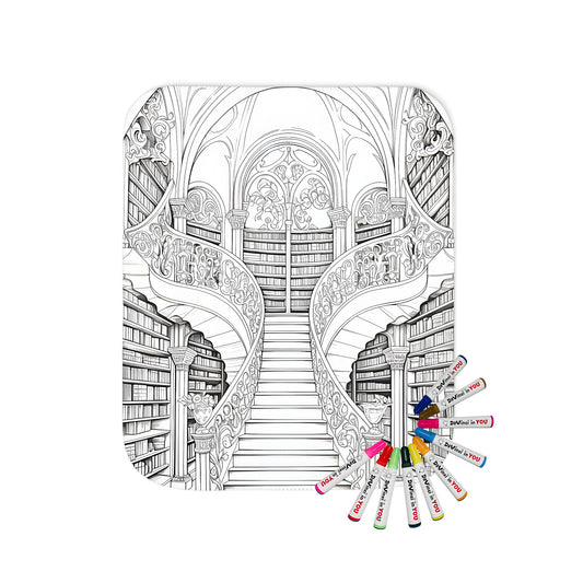 A detailed blanket featuring a grand staircase library design, perfect for coloring and snuggling.