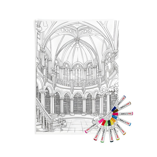 Indoor wall tapestries featuring an intricately designed study or book room with arched doorways, bookshelves, columns, ornate stairs, and a domed ceiling. Includes fabric markers for coloring.