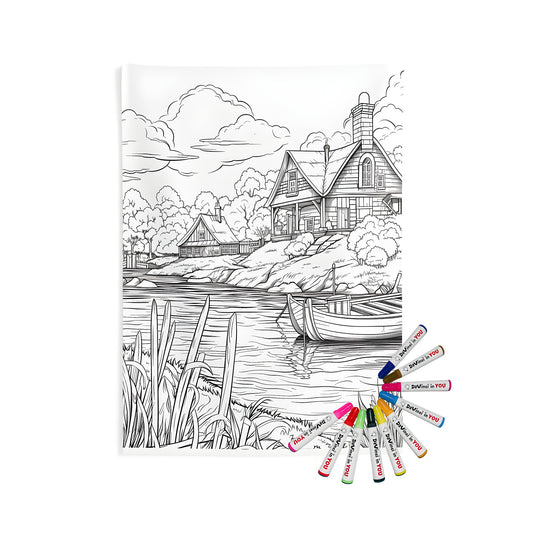 Peaceful countryside scene wall tapestry featuring two cozy cottages by a serene lake with boats and lush greenery