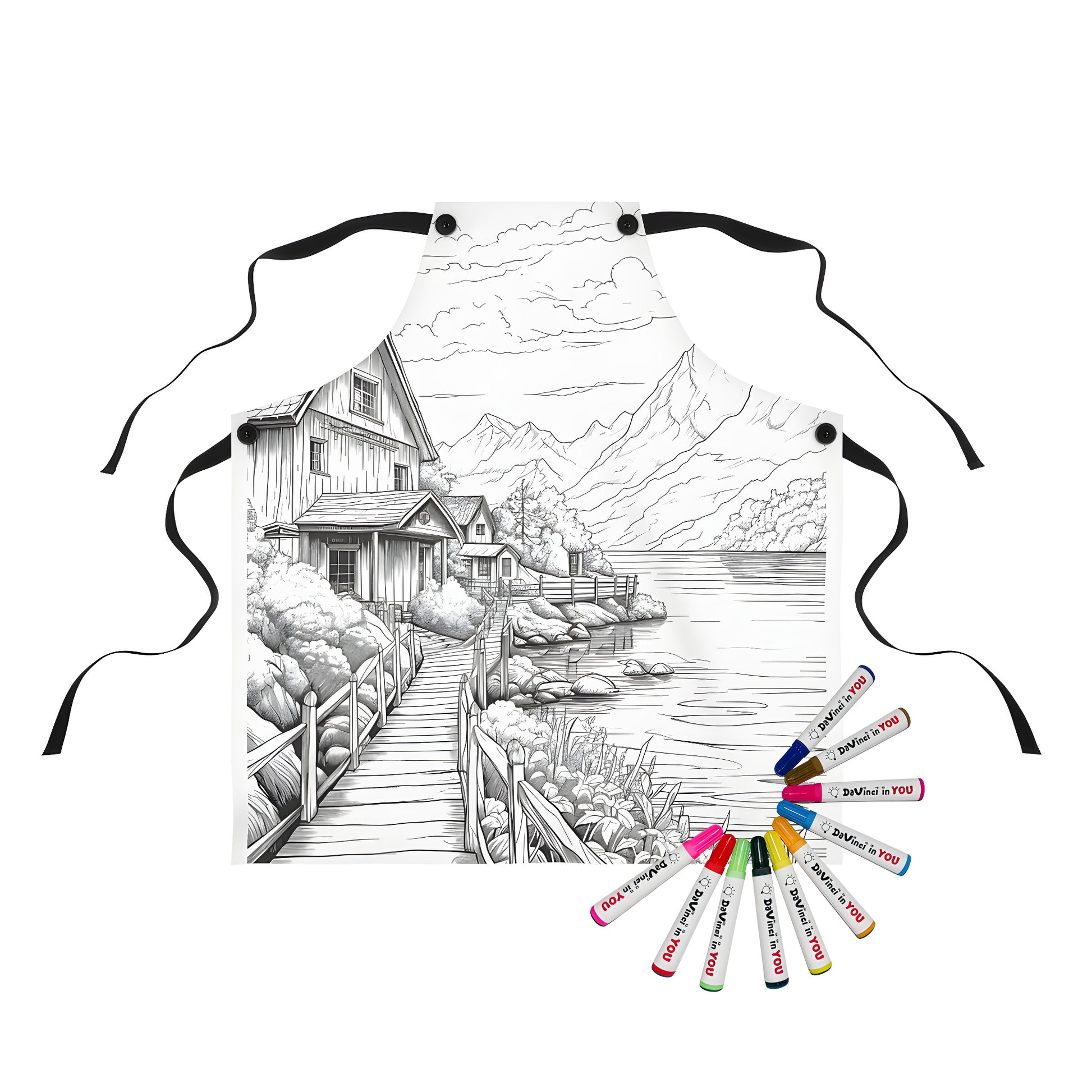 A vibrant apron featuring a detailed countryside landscape art design, perfect for artistic expression and everyday wear.