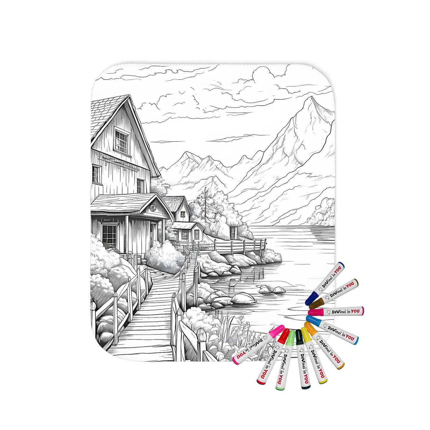 Cozy blanket with countryside landscape coloring page design