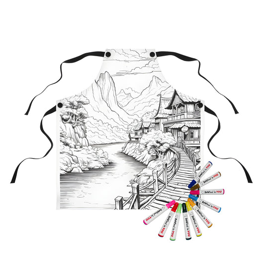 Coloring apron of traditional village scene with river, trees, wooden bridge, and mountains