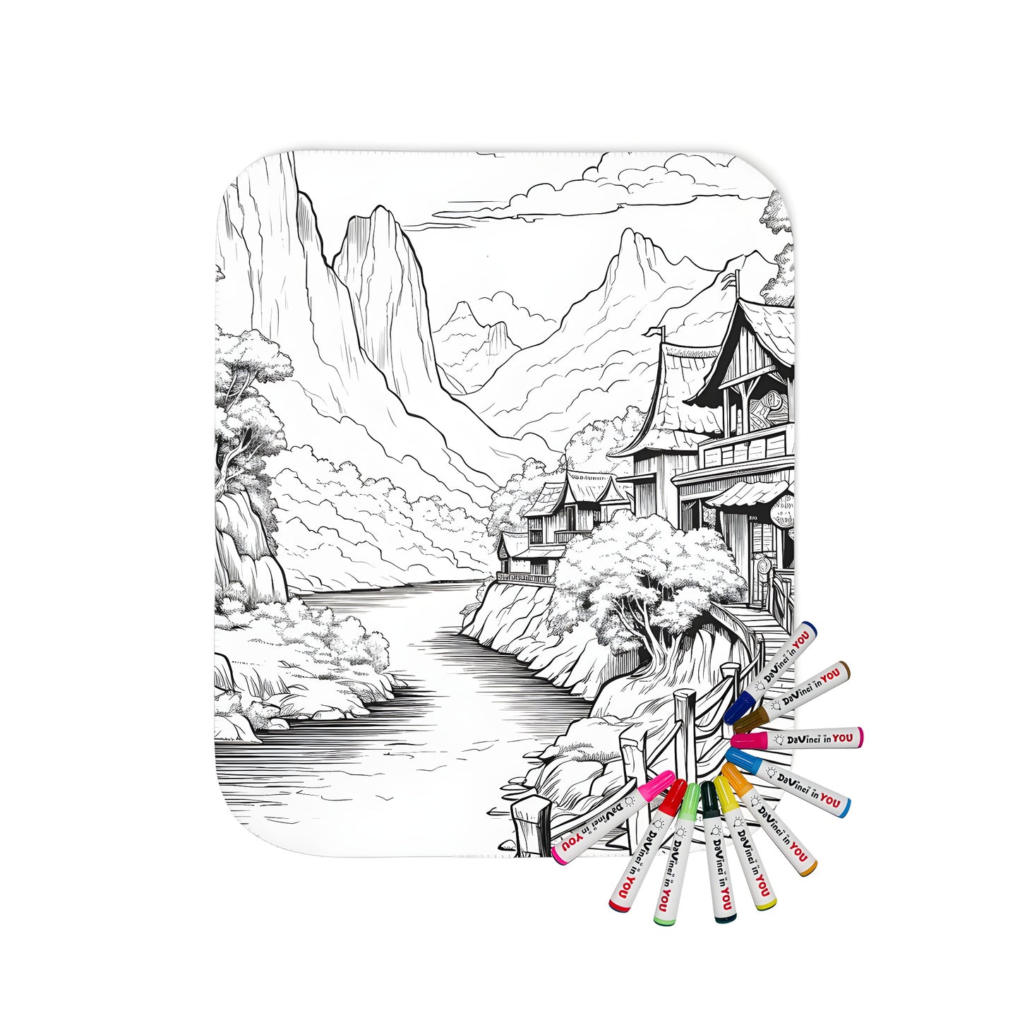 Cozy blanket featuring a detailed drawing of a traditional mountain village scene with a river, trees, wooden bridge, and scenic landscape. Perfect for adult coloring enthusiasts!