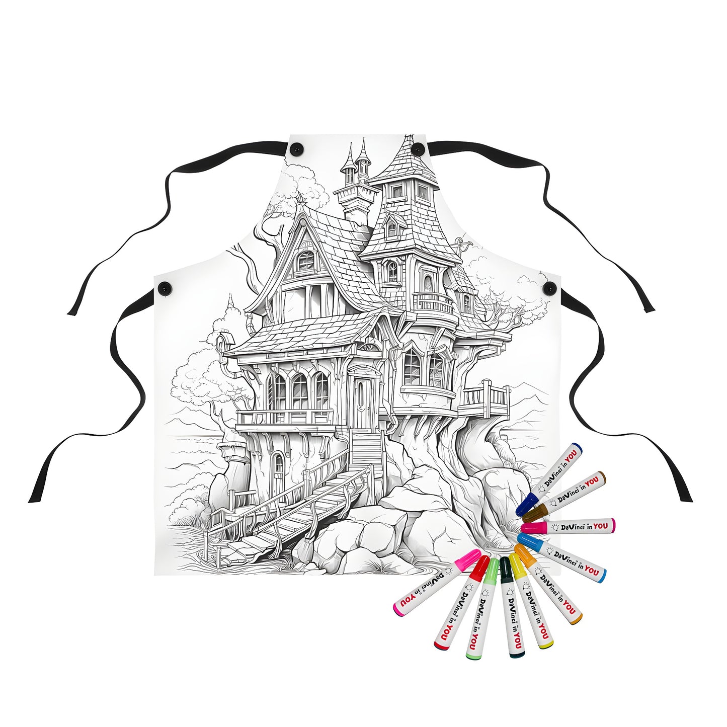 A vibrant apron featuring an intricate, whimsical illustration of a treehouse-inspired design with winding stairs and architectural elements.