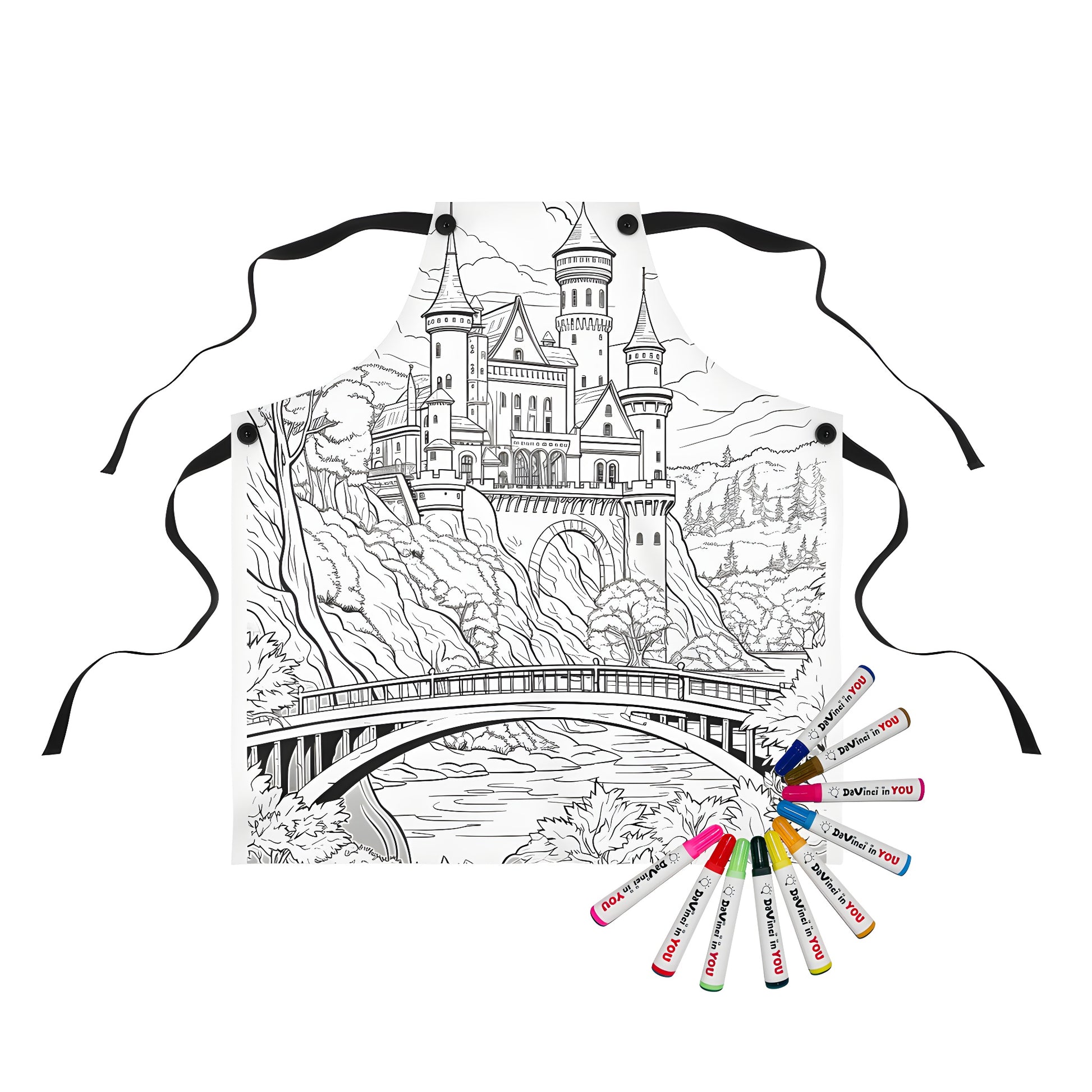 Apron with enchanting fantasy castle design for kids, featuring colorful details of a medieval fortress, scenic hilltop setting, and serene river scene