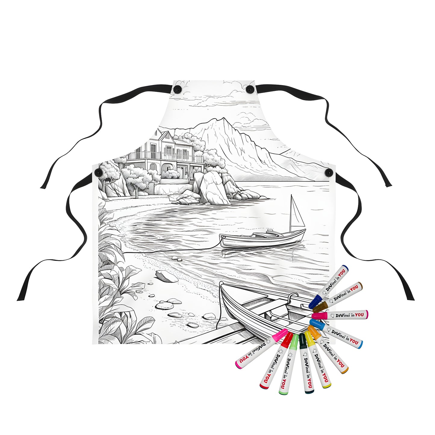 Detailed black-and-white illustration of a summer cottage or coastal residence on an apron, complete with sailboats on the water and surrounded by mountains and trees.