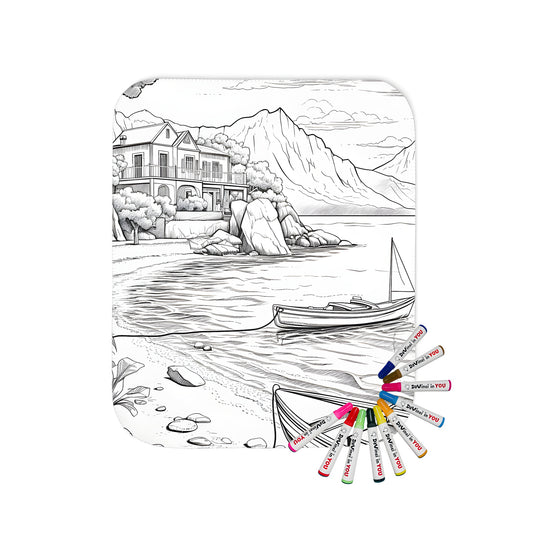 Cozy blanket featuring a detailed illustration of a seaside abode, complete with boats on the water and framed by mountains and trees, perfect for adding a touch of coastal charm to any room