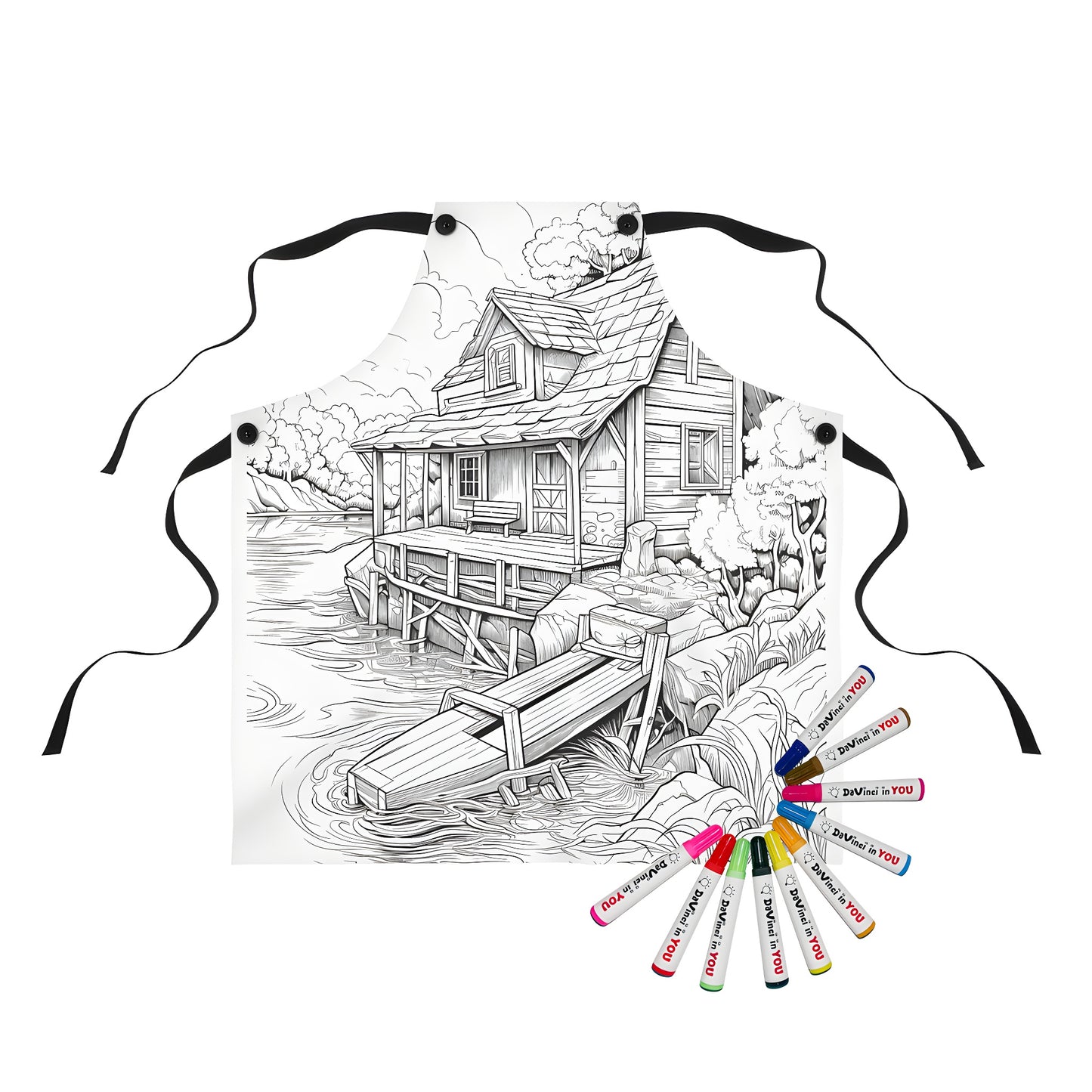 Coloring apron with cabin lakehouse scene, lake shore cottage design, waterfront retreat style