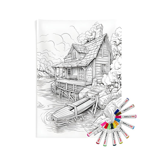 Indoor wall tapestries cabin scene coloring kit fabric markers home decor