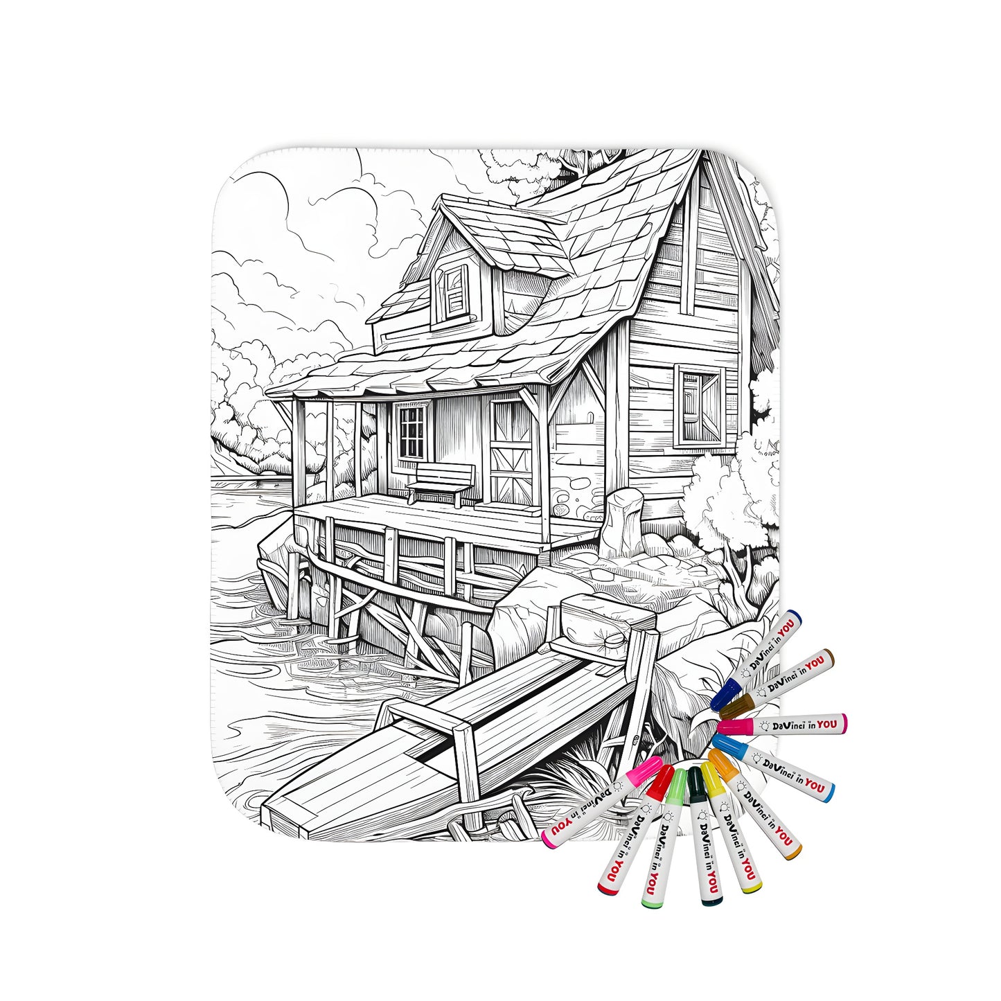 Cozy cabin scene blanket with lake view, scenic landscape print, watercolor effect fabric markers included