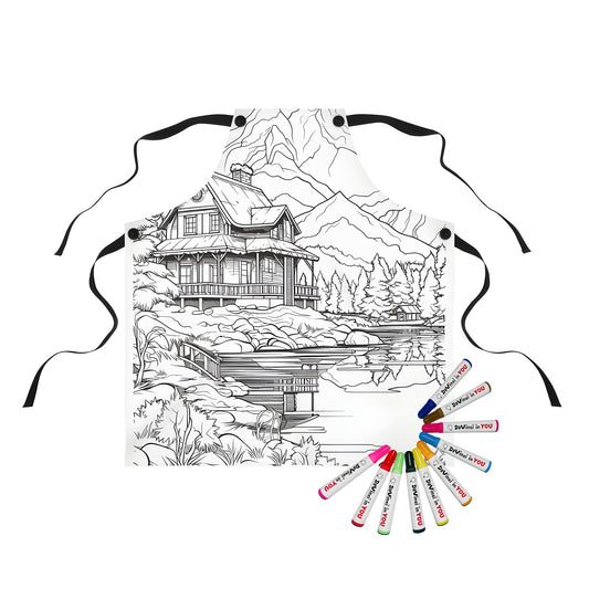 Cabin-themed apron featuring a detailed line art design of a cozy mountain retreat by a serene lake