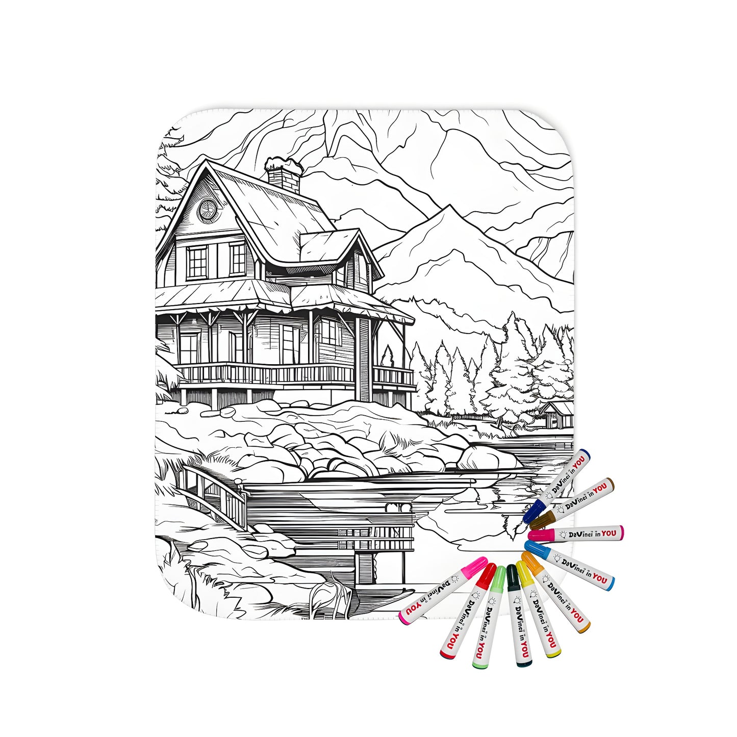 Cozy cabin blanket with lake view, fabric markers for coloring