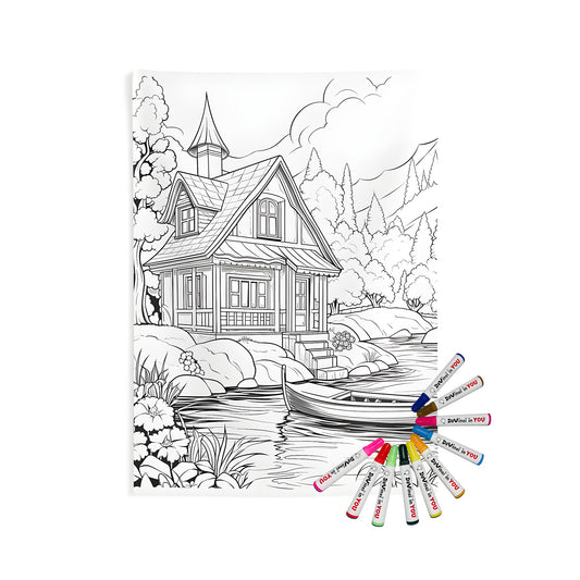 Coloring kit with 10 fabric markers for adult coloring and relaxation. Includes an indoor wall tapestry featuring a beautiful lake scene with a cottage, boat, and serene nature.