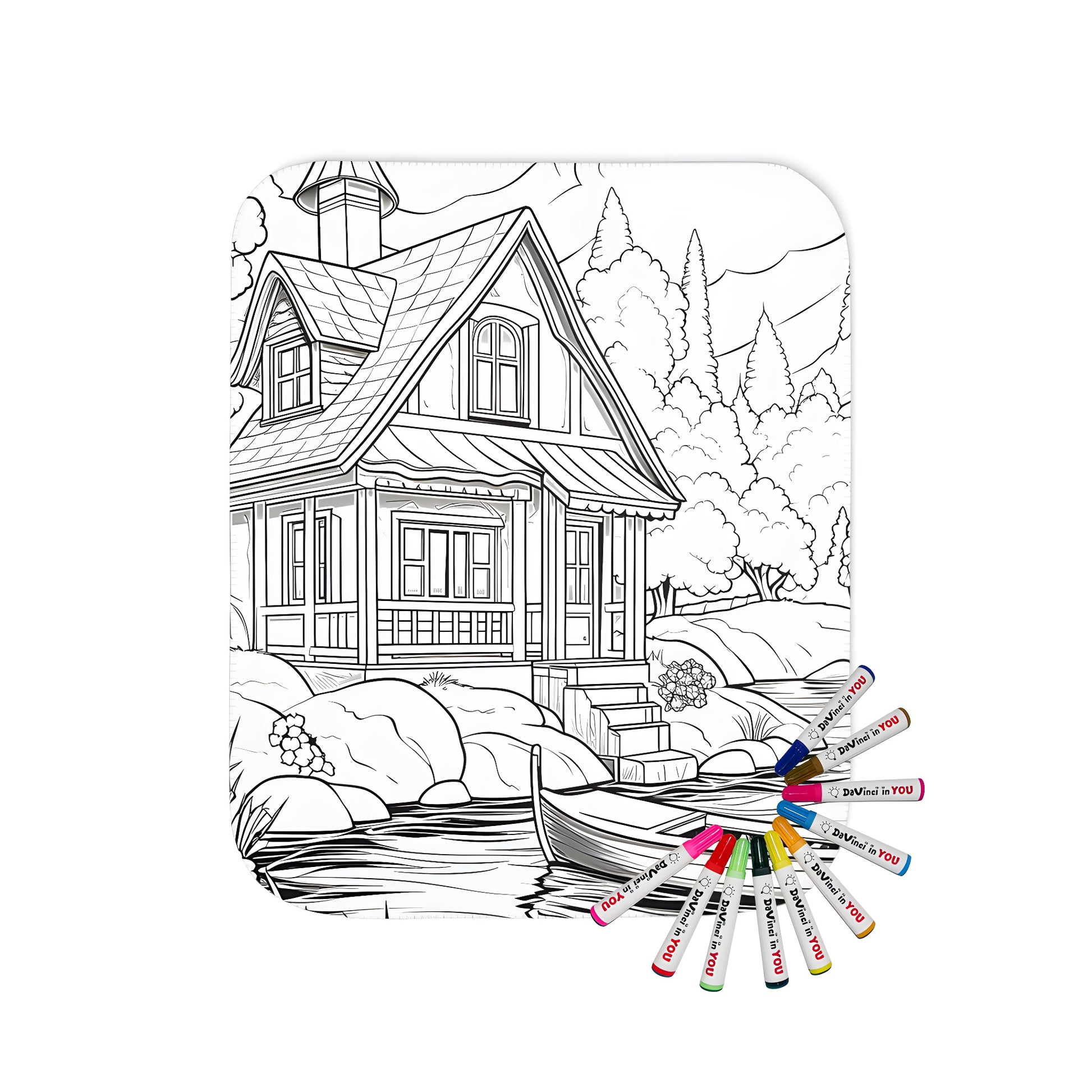 Blanket coloring kit image with Cottage by the lake design