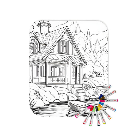 Blanket coloring kit image with Cottage by the lake design