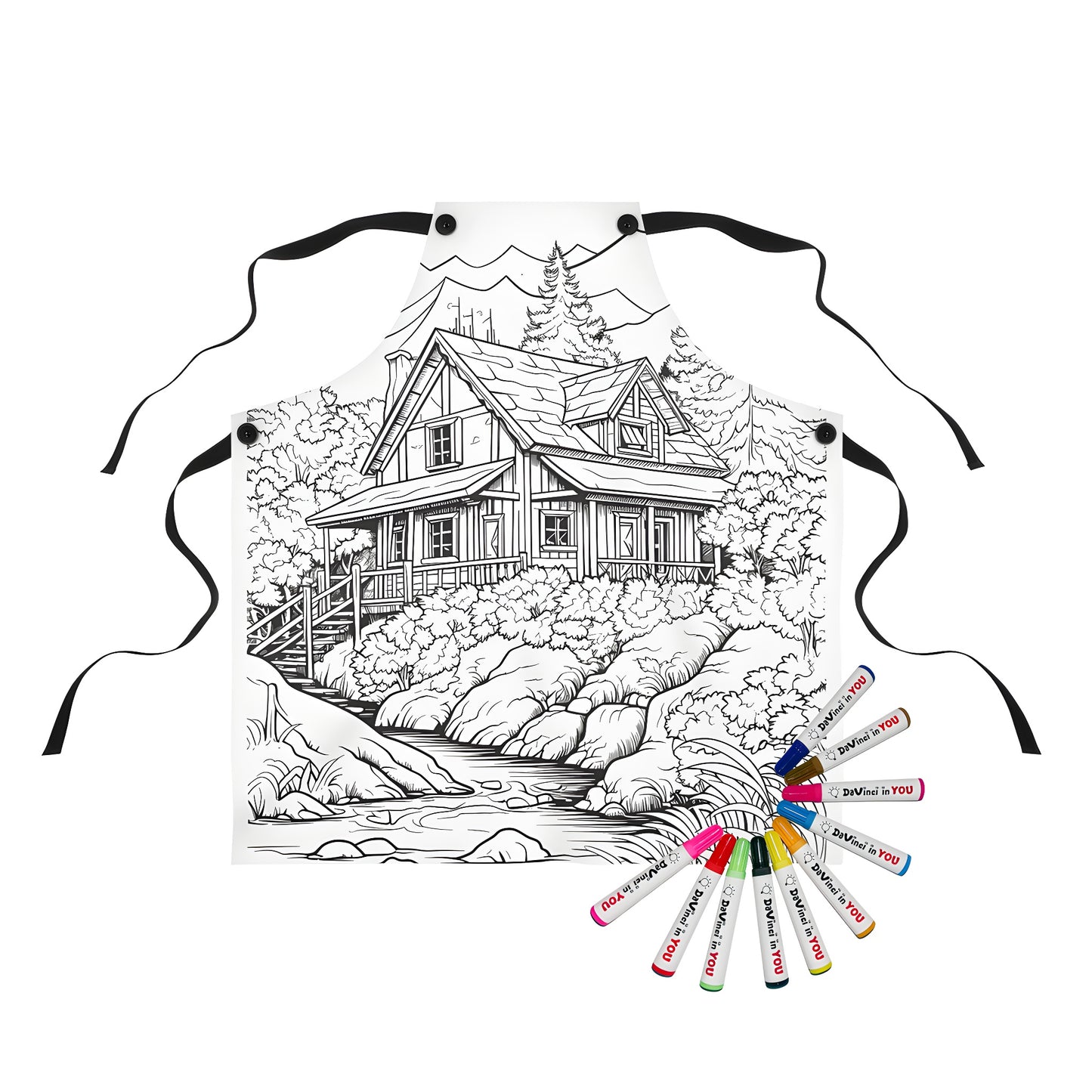 Aprons featuring vibrant cabin illustrations for coloring with fabric markers, perfect for crafting and artistic expression.