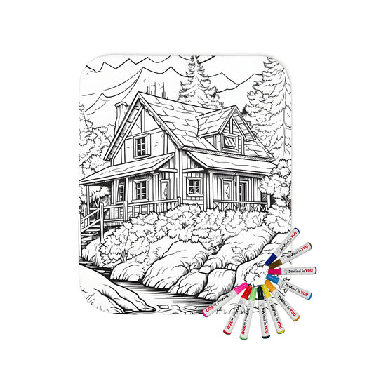 Cozy blanket featuring a whimsical cabin scene with forest and mountain landscape, perfect for snuggling up with